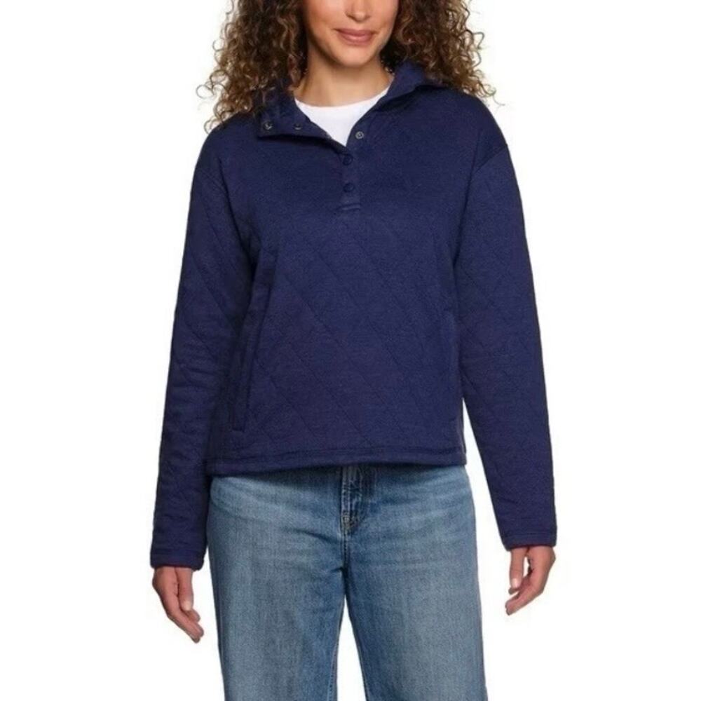Lands' End Womens Sz M Navy Quilted Pullover Hoodie Boxy Fit Cozy Comfy